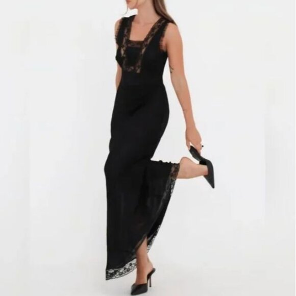 Rumored Black Sheer Maxi Slip Dress S Whimsygoth Romance Dark Lace Midnight Chic - Picture 2 of 9